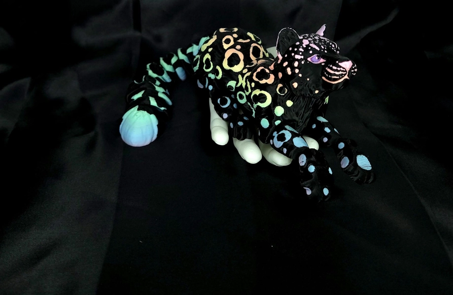 Special Large Snow Leopard Flexi Animal- Articulated Small Keychain- 3d Printed Fidget - Black and Matte Rainbow w/ Purple Eyes