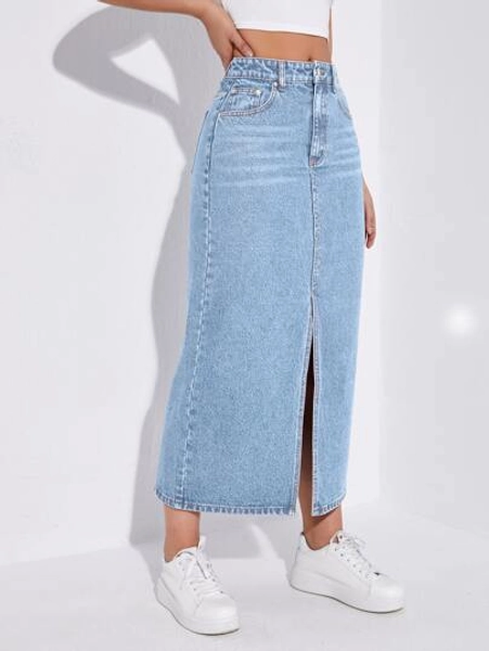 SHEIN ICON High Waist Slit Denim Skirt