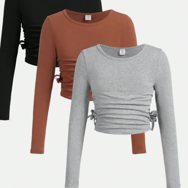 SHEIN Tween Girls 3-Piece Round Neck Slim Fit Long Sleeve Knitted Cotton T-Shirt Set