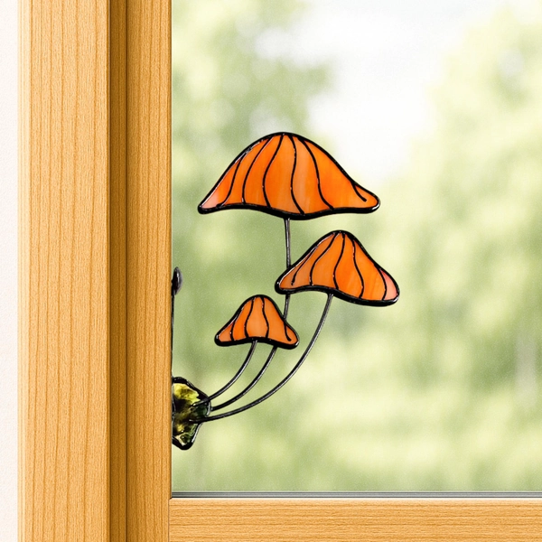 Stained Glass Orange Mushrooms Suncatcher – Handmade Christmas Gift Cottagecore Window Decor