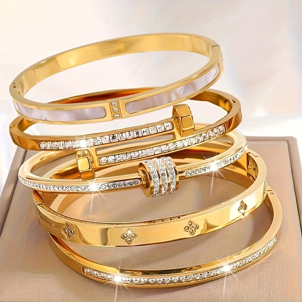 5pcs Elegant Stainless Steel Bracelet Set with Cubic Zirconia - Golden Tone, Sleek Design for Casual & Formal Occasions, Parties, and Holidays, Everyday Accessory|Sleek Bracelet Set|Polished Finish, Zirconia Jewelr