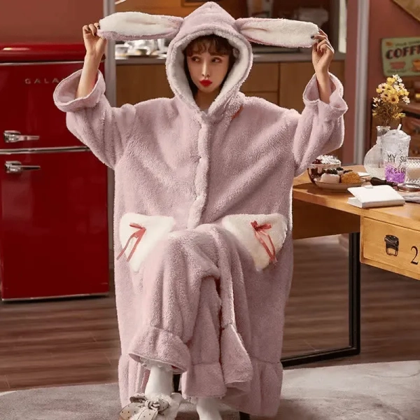 Cute Bunny Ears Open Front Plush Hooded Pajama Set