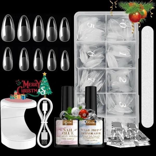 Kredioo Kit de manucure 4 en 1 avec base de colle, lampe UV LED portable, déshydratateur pour la préparation des ongles, 500 faux ongles en forme