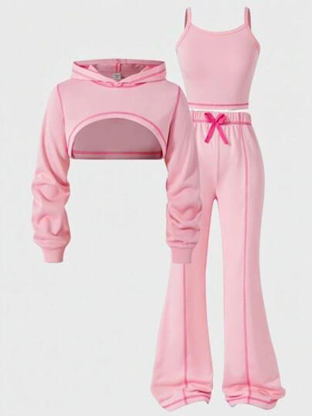 SHEIN Sensorimotor Kids Tween Girls 3pcs Casual Set - Contrast Stitch Cropped Hoodie, Spaghetti Strap & Flared Pants