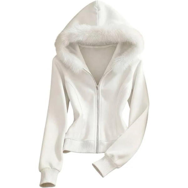 Zifang Women's Fall Winter Hooded Jacket Slim Fitting Long Sleeve Sweatshirt Coat With Fuzzy Hood Soft Warm Outerwear White Hooded Sweatshirts Girls M