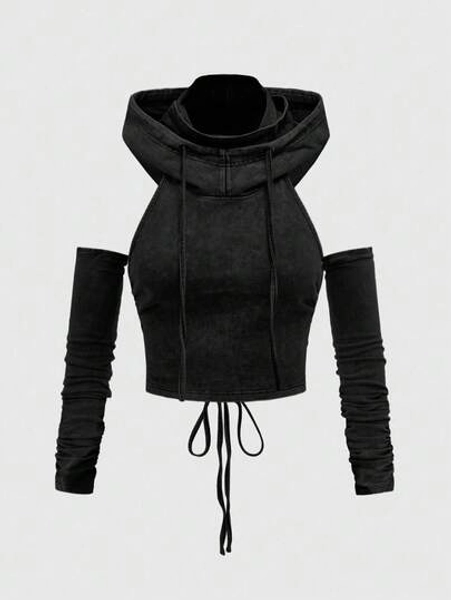 ROMWE Women Carnival Party Casual Street Grunge Punk Apocalyptic Wasteland Style Drawstring Backless Off-Shoulder Cold- Sleeves Hoodie Top - Size S