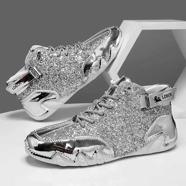 Men's Autumn Leather Casual Shoes Sequin Silver Sneakers Man High Top Shoes for Men Women Fashion Height-raising Men Sneakers - AliExpress 322