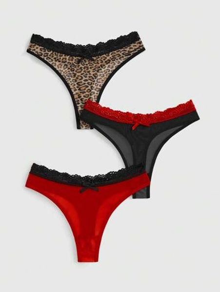 ROMWE J-Fashion 3pcs/Set Plus Size Women Zebra Print Contrast Mesh Lace Patchwork Narrow Edge Panties