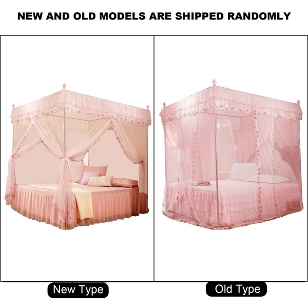 (Pink M)Luxury Princess 3 Side Openings Post Bed Curtain Canopy Netting US