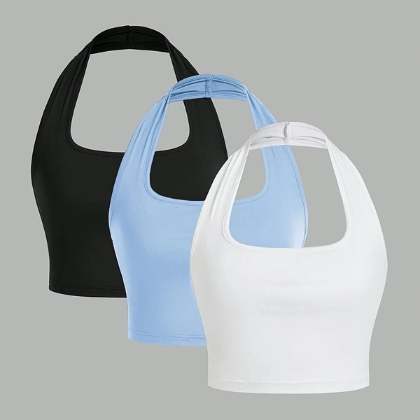 A Three-Piece Set of Black, Blue, And White Vests with a Halter Design for Women.