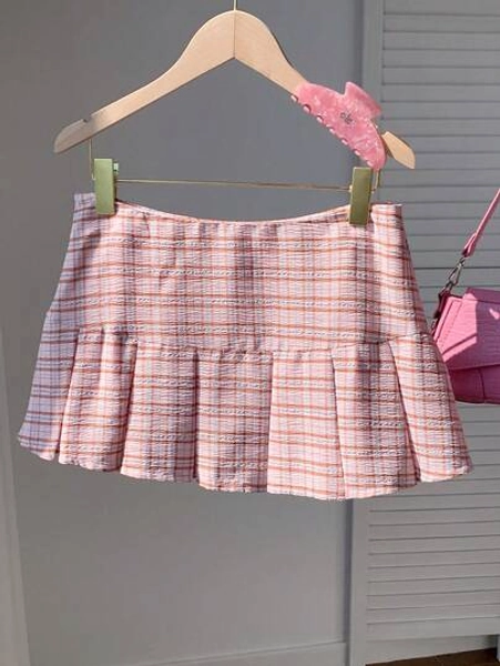 Comfortcana Women's Pink And Brown Small Grid Pleated Plaid Skirt,Cute Back-To-School Autumn Mini Skirt,Double Layer Ruffle Y2k Elegant School Vacation Miniskirt - Size S