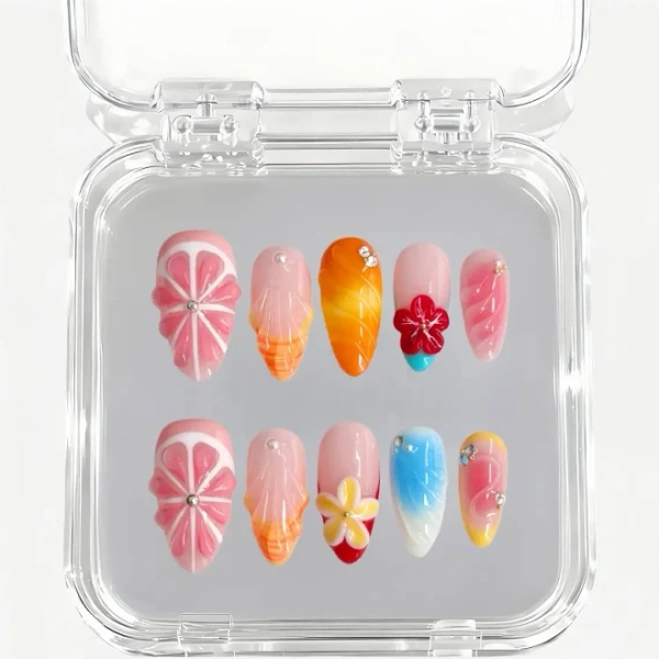 EDGE ESSENCE TROPICAL FLORAL FRUIT-FLOWER Press-On Nail Art Set EW001 | Vibrant Citrus & Floral Accents for Bold Summer Vacation Nail Looks