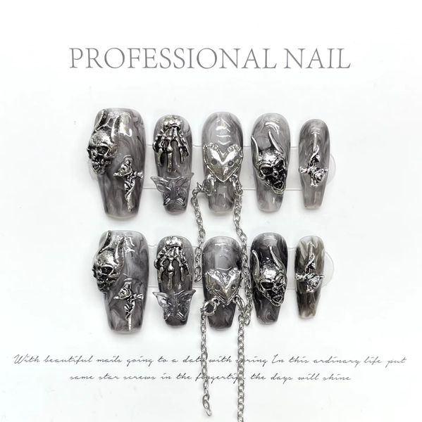 Handmade Punk Press on Nails Black Chain Tassel Fake Nails with Designs Glitter Diamond Bowknot Butterfly Girls Y2K False Nails - AliExpress 