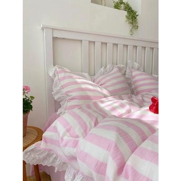 Stripe Pink Ruffled Duvet Cover Double Gauze Cotton 4pcs Set
