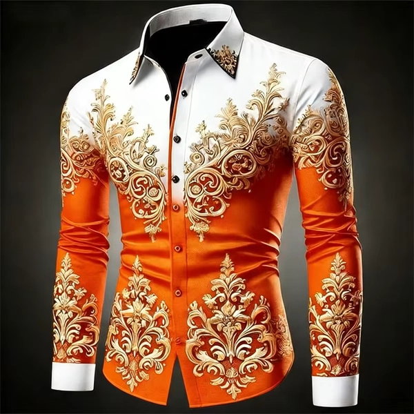 New 12 color men's gold exquisite pattern long sleeved button retro floral 3D printed Hawaiian shirt fashionable shirt - AliExpress 