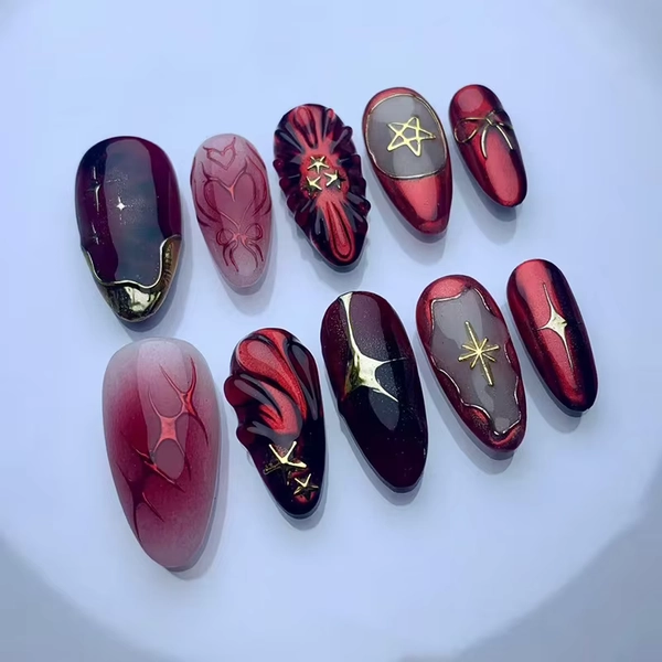 24pcs Smudge Red False Nails Long Almond Fake Nail with Starlight Bow Design Full Cover Nail Tips Reusable Press on Nails Sets - AliExpress 