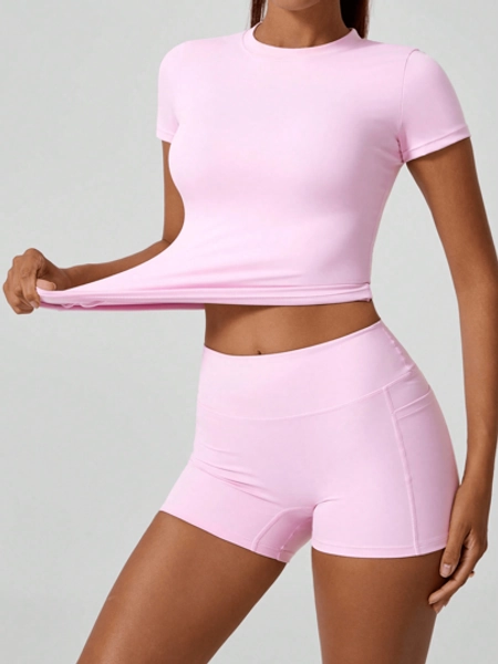 NcmRyu 1 Set Pink Women's Casual Sports Fitness Sweet Short Sleeve Top And Booty Shorts Set Comfortable Activewear For Fitness Gym Running And Outdoor Activities Spring Summer Conjunto Deportivo Mujer