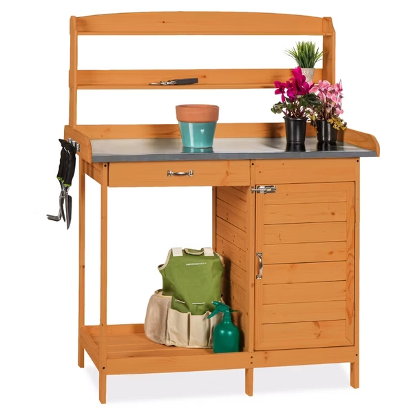 Best Choice Products Outdoor Garden Wooden Potting Bench Station w/ Metal Table Top, Pre-Stained Finish, Cabinet - Brown : Target