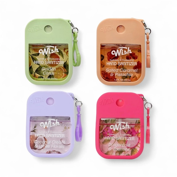 Wish Hydrating Hand Mist Spray – 4 Pack (1.2 FL OZ Each), Travel Size Moisturizing & Refreshing Scents : Salted Caramel, Coconut Cream, Dragonfruit, Golden Citrus – Travel Size Moisturizing Mist