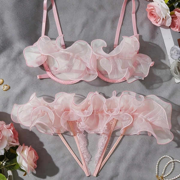 Light Pink Sheer Ruffled See-Through Sexy Pure Desire Girly Split Lingerie Set