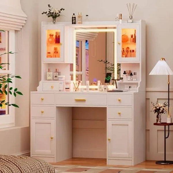 White Vanity Desk with Mirror, Lights, Charging Station, Large Makeup Table Set, RGB Cabinets