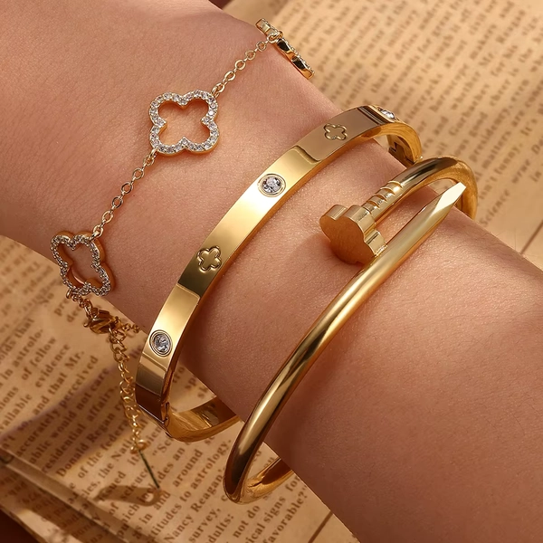 3pcs Set Stainless Steel Four-Leaf Clover Nails Stacked Bracelet 18K Gold Couple Jewelry Holiday Gift - AliExpress 