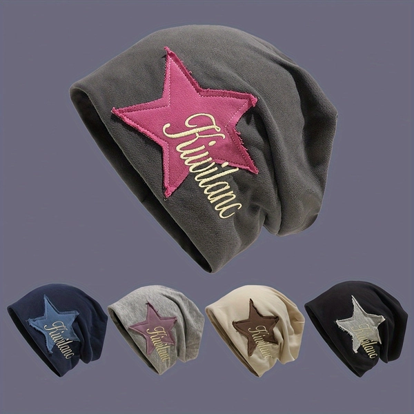 Unisex Fashion Star Embroidery Beanie, Elastic Lightweight
