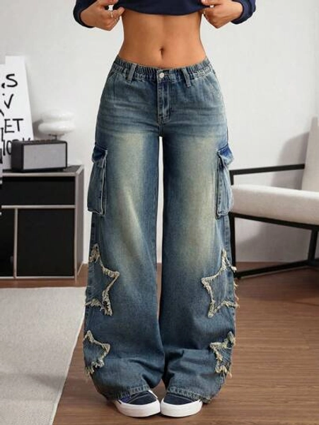 SHEIN Tall Casual Distressed Star Pattern Denim Jeans, Daily Wear, Autumn