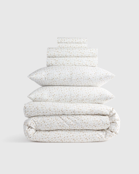 Classic Organic Percale Floral Deluxe Bedding Bundle in Blue Garden