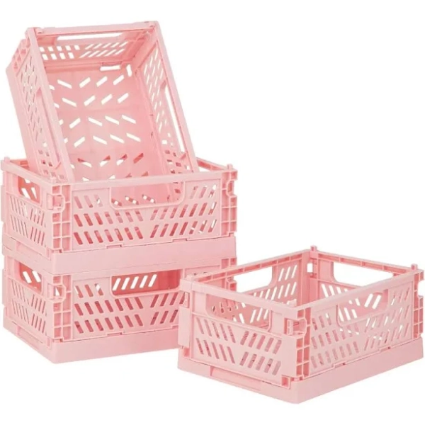 4Pack Pink Baskets Plastic Storage Crate Small Baskets for Organizing Collapsible Storage Crates for