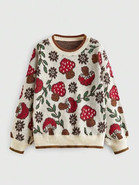 ROMWE Fairycore Plus Size Cute Mushroom Pattern Detail Relaxed Fit Pullover Sweater, For Winter
