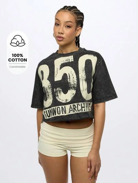 SUMWON WOMEN 350 Distressed Retro Print Oversize Crop Sweatshirt Festival Acid Washed Street Style Graphic Number Tee Skater Vintage Summer