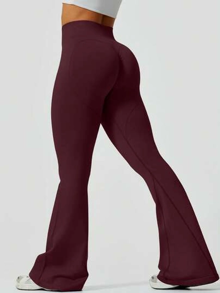 1pc Women High Waist Flared Stretchy Ribbed Waist Belt Hip-Lifting Pants, Slim Figure Design, Suitable For Dancing