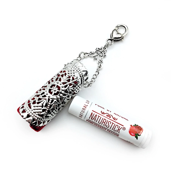 Velvet Flocked & Silver Filigree Lip Balm Holder for Chatelaine or Pendant- Chapstick Holder, Lip Balm Keychain, Lip Balm Pendant (4 Colors)