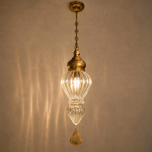 Hand-Blown Ribbed Glass Pendant Light, Antique Brass with Decorative Drop