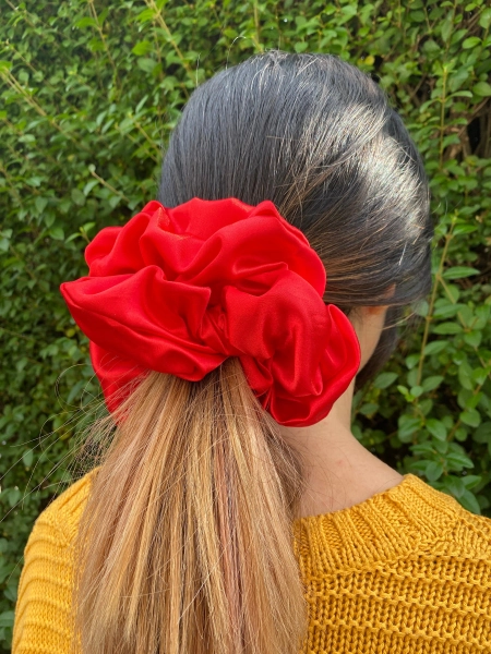 Satin and Velvet Giant Scrunchie in a Lipstick Red - Great for Thick Hair - XXL Scrunchie Style - Birthday Gift - Handmade in the UK