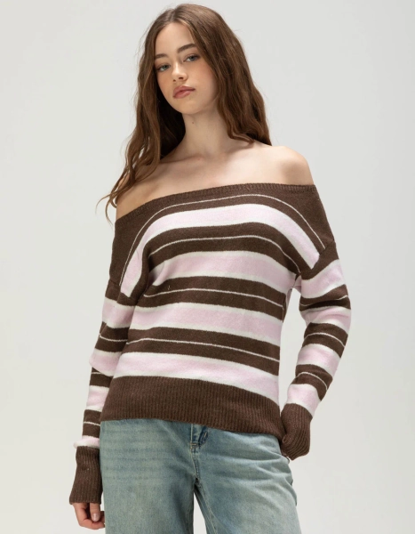 MADDEN GIRL Womens Off The Shoulder Stripe Sweater - PINK/BROWN
