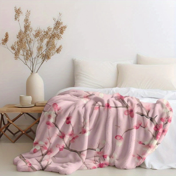 Soft Pink Cherry Blossom Plush Blanket - 100% Polyester, Geometric Floral Design, All-Season Comfort, Machine Washable, Perfect for Bed or Couch Decor, Couch Throw Blanket | Floral Pattern Blanket | Plush Polyester Fabric