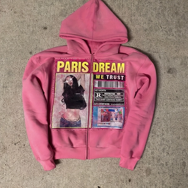 Women's Y2K Retro Paris Dream French Text & Eiffel Tower Print Zip-Up Hoodie - Oversized Gothic Streetwear Jacket with Full-Zip Closure, Iconic Parisian Barcodes Back Panel (Machine Washable) - 90s 2000s Fashion Sweatshirt