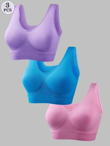 3pcs Women's Sports Bras Set, Plus Size Solid Non Padded Seamless Running Versatile Bralette