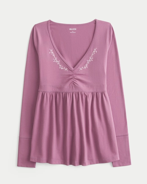 Long-Sleeve Pinch Bust Babydoll Top