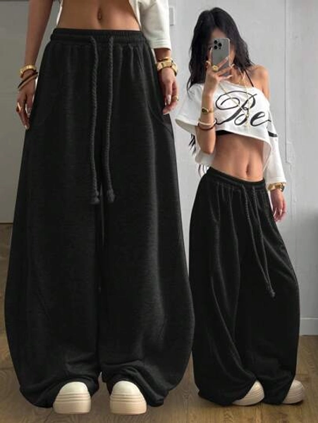 Coolane Women's Fall/Winter Streetwear Going Out Break Oversized Elastic Waistband Comfortable Scimitar Black Pants