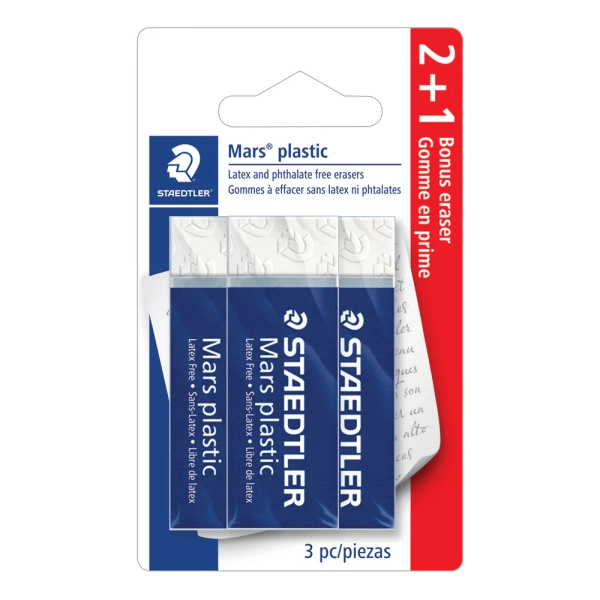Staedtler Mars Plastic Premium Eraser - White - 2 + 1 Bonus Pack