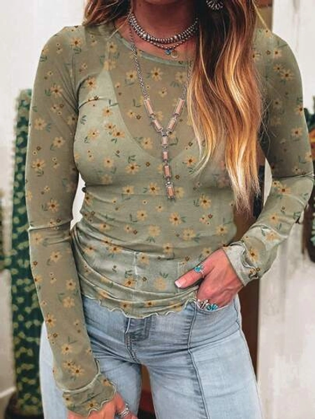 Acelitt Autumn Women's Bay Green Retro Printed Vacation Style Mesh See Through Sexy Slim Fit Long Sleeved Round Neck Top