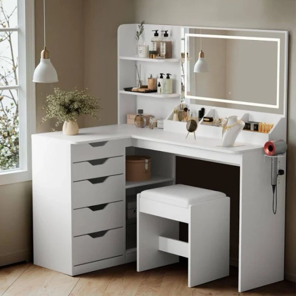 Lacoo Corner Makeup Vanity Set with Lights and Mirror