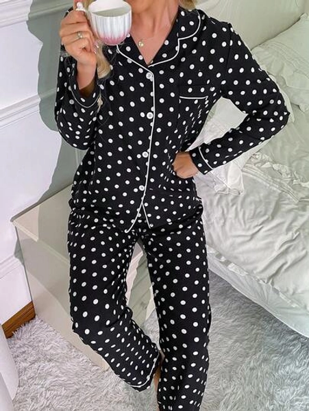 Polka Dot Print Women's Bubble Crinkle Long Sleeve Pajama Set, Fall Winter Clothes