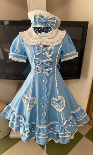 美品BODY-LINEロリータワンピース 水色 チェック柄 リボン フリル コスプレ 帽子付　2点セット