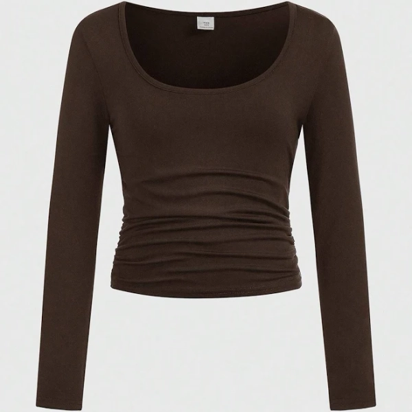 SHEIN Tween Girls' Slim Fit Long Sleeve Square Neck T-Shirt