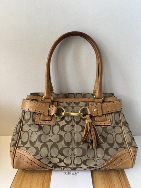 Coach Hampton Satchel Purse 10507 Signature Brown Canvas Tote Leather Trim