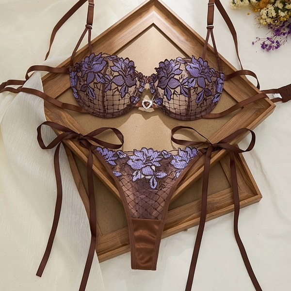 Coffee and Purple Contrast Floral Embroidery Lingerie Set, Underwire Push-up Bra and Ribbon-adjustable Thong, Semi-transparent Single-layer Hollow-out Lingerie and Panties, Charming Lingerie Set